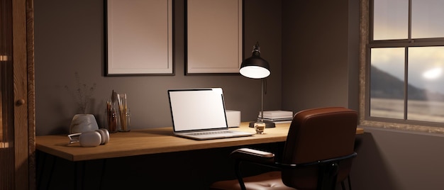 Side view of a modern home working space with laptop mockup light from table lamp grey wall