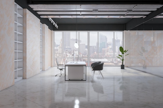 Side view of modern office glass interior with furniture black ceiling and window with city view Workplace and nobody concept 3D Rendering