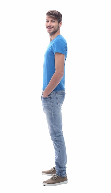 Photo side view modern young man in jeans