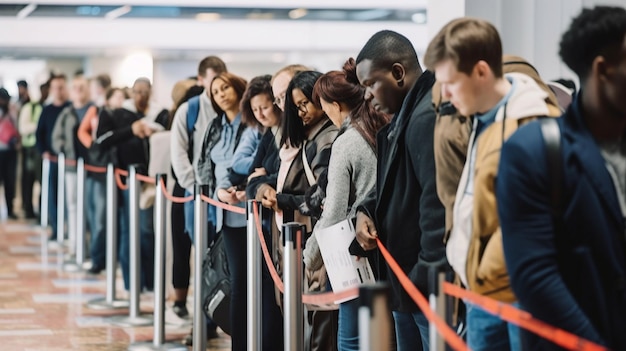 Side view of multiracial individuals waiting in an airport hall to check in Generative AI