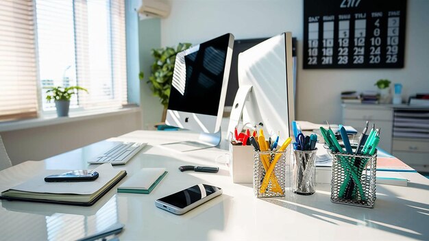 Photo side view office workspace with computer phone and office supplies