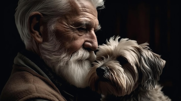 Side view old man holding cute dog close up