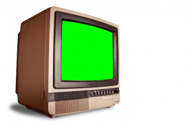 Side view of old retro home TV receiver with blank green screen with clipping path 