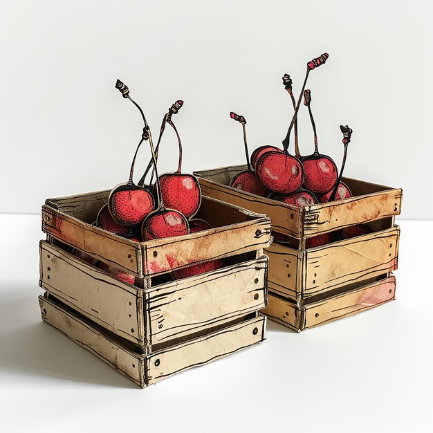 Photo side view of old wooden boxes containing small cherries in paper cut style