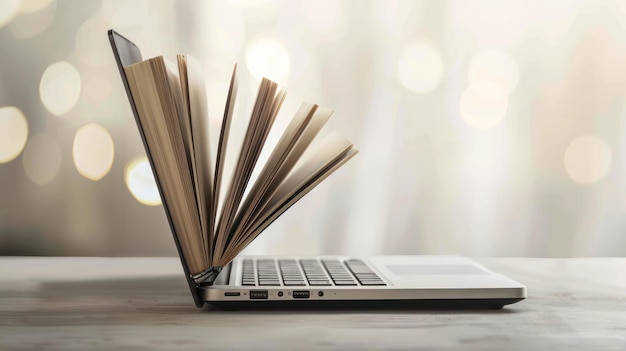 Side view of an open laptop with a book propped up beside it with a minimalist background