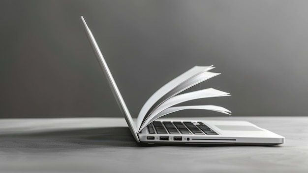 Photo side view of an open laptop with a book propped up beside it with a minimalist background