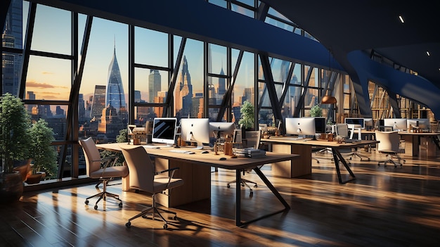 Side View Of An Open Space Office Interior With Dark Blue Walls A Concrete Floor Rows Of Wooden