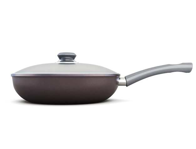 Side view of pan with a lid isolated on white background. 3d rendering.