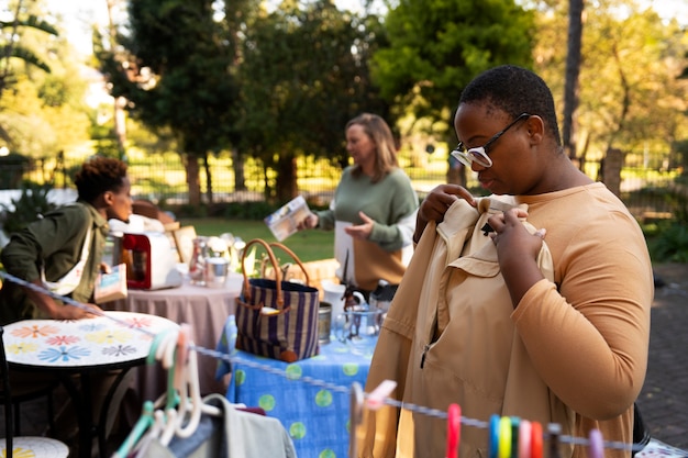 Side view people at garage sale