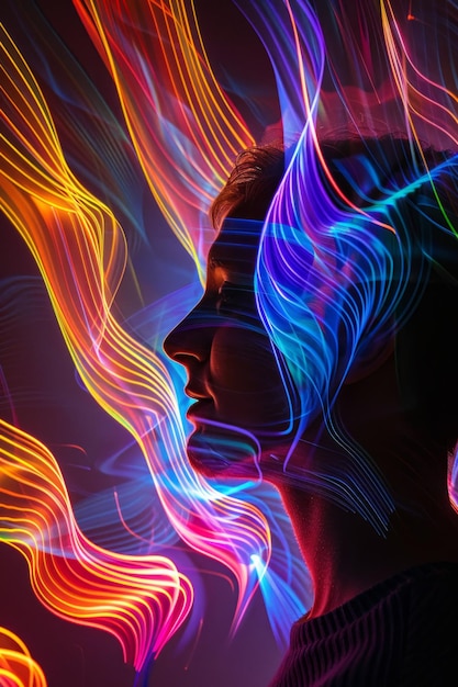 Photo side view of person surrounded by colorful abstract sonic waves illustrating synesthesia