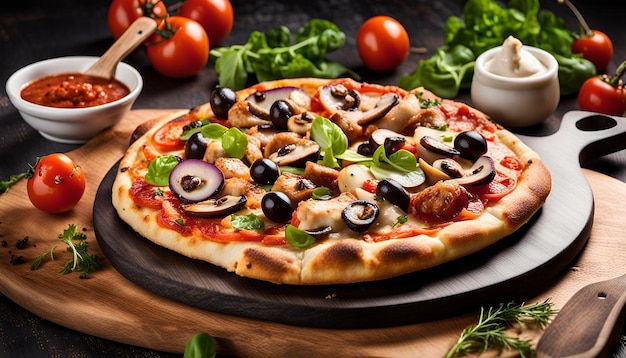 Side view of pizza with chicken and mushrooms served with sauce and vegetables salad on wooden