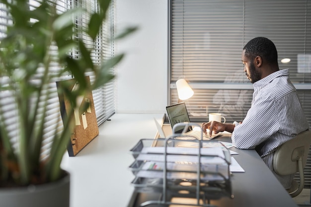 Side view portrait of adult african american man using laptop while working in white office interior