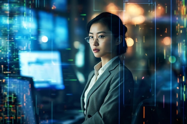 Side view portrait of Asian businesswoman with computer screen reflection Generative AI