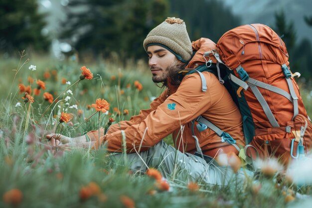 Photo side view portrait of a backpacker relaxing lying on the grass in nature