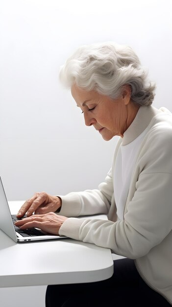 Side view portrait of a elderly white female working with her laptop on a white background