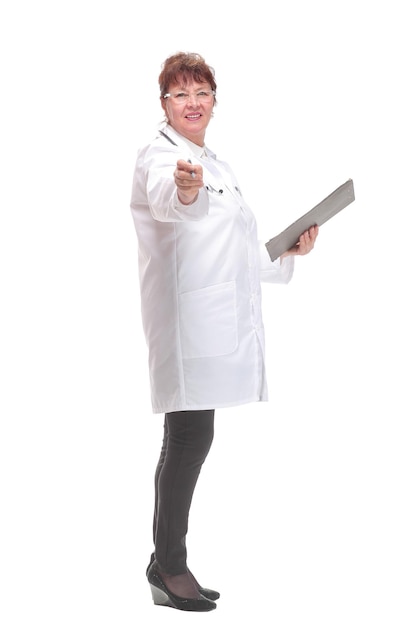 Side view portrait of female medical doctor pointing finger in camera