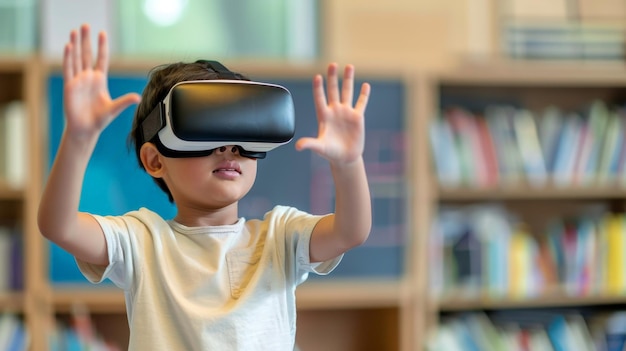 Side view portrait of little boy wearing VR headset and reaching out while testing augmented technology in school laboratory copy space