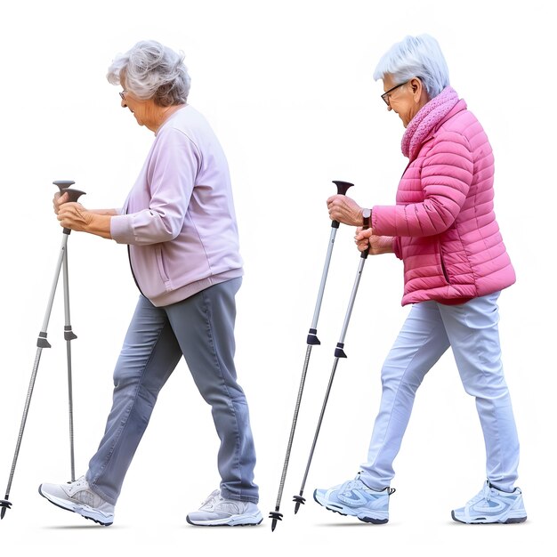 side view portrait of senior women walking with poles in green park isolated on white background