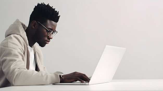 Side view portrait of a young black male working with his laptop on a white background