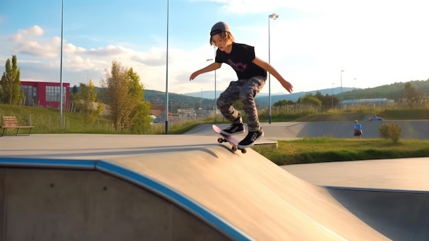 Side view portrait of young man riding skateboard and doing tricks on ramp at skatepark