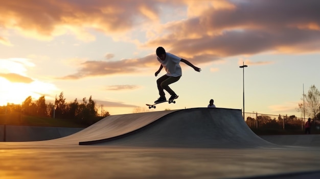 Side view portrait of young man riding skateboard and doing tricks on ramp at skatepark