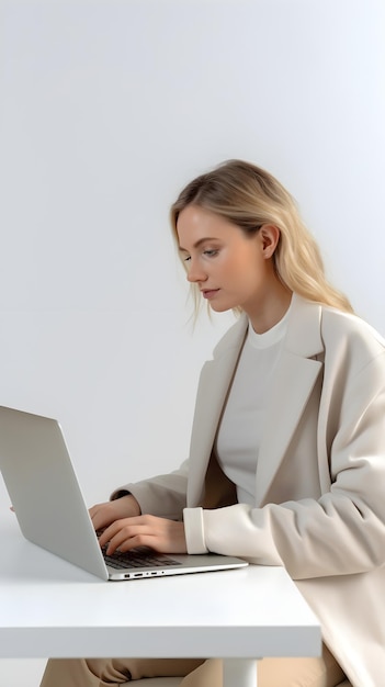 Side view portrait of a young white female working with her laptop on a white background