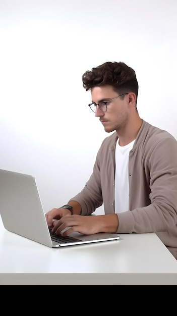 Side view portrait of a young white male working with his laptop on a white background