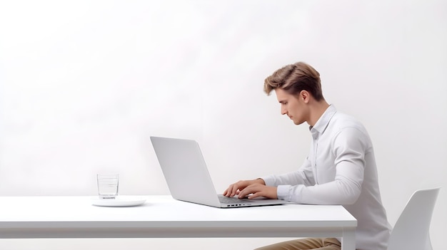 Side view portrait of a young white male working with his laptop on a white background