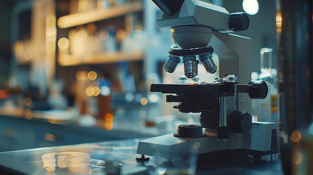 Side view of a professional microscope with multiple lenses in a wellequipped clinical laboratory