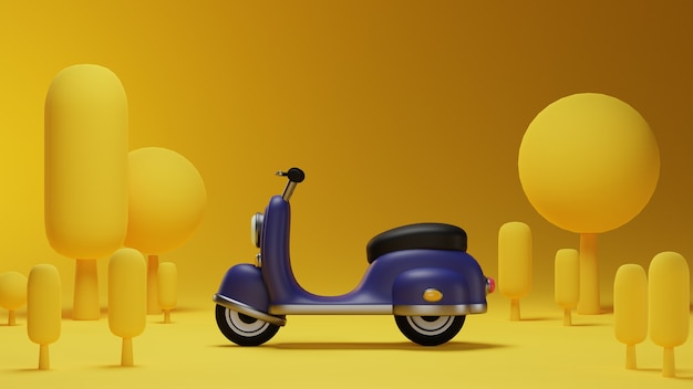 Side view of purple classic scooter with environment and yellow background in 3D design