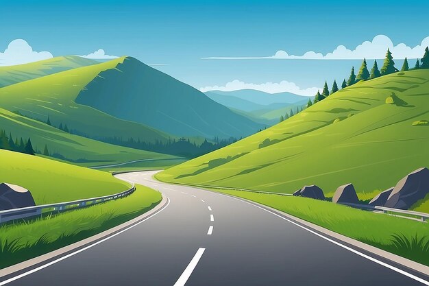 Photo side view of a road roadside green meadow in the hills and clear blue sky background vector illustration