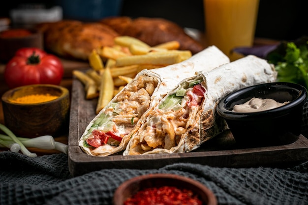 Side view of shawarma rolls and fried potatoes on board and mayonnaise in little bowl