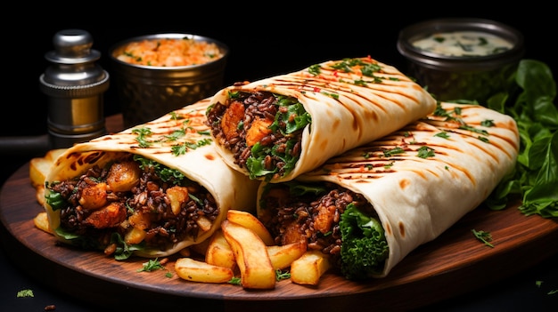 Side view shawarma with fried potatoes in board cookware Chicken roll