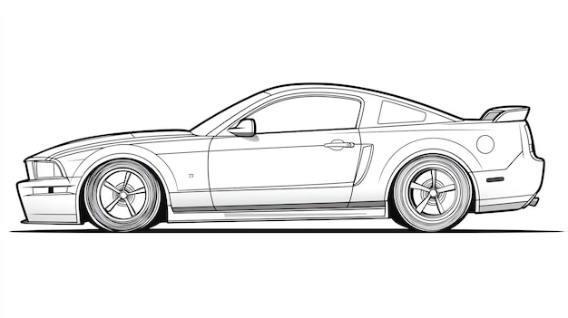 A side view of a sleek sports car with large wheels and a spoiler The car is drawn in black