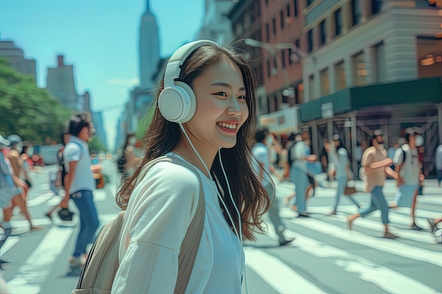 Side view of smile young asian girl with headset walking in city street