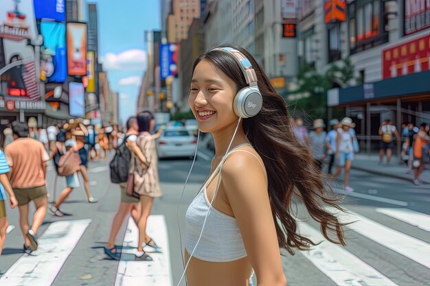 Side view of smile young asian girl with headset walking in city street