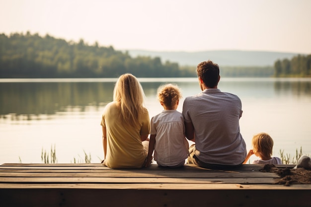 Side view of a smiling family of four sitting on the edge of a pier and admiring the lake