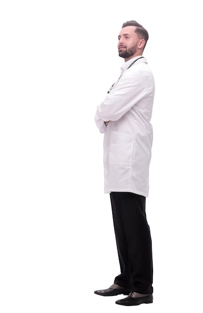 Side view smiling medical doctor looking at copy space