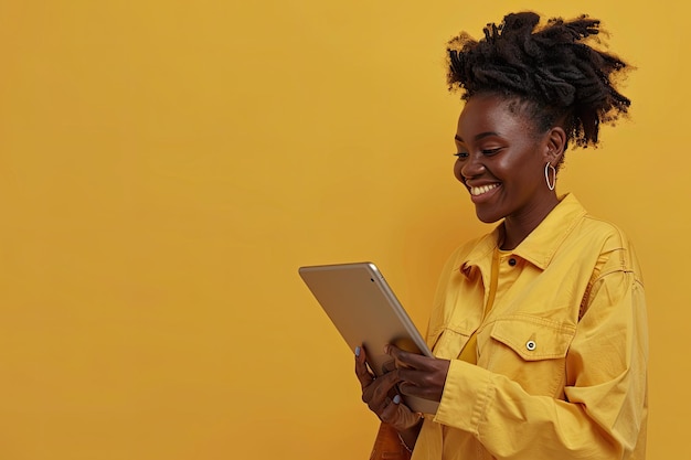 Side view of smiling woman with tablet