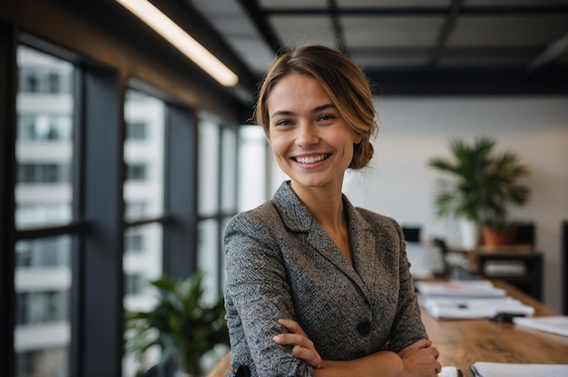 Side view of a smiling young businesswoman standing at her workplace