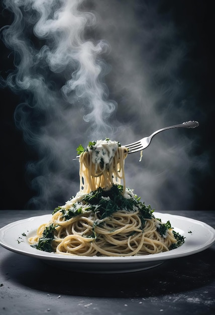 Photo side view spaghetti with greens and ricotta cheese in round white plate