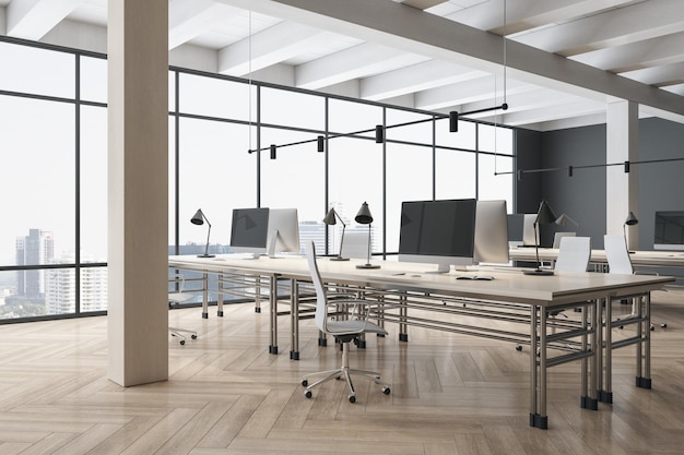 Side view on stylish eco interior design work places in open space office with white ceiling and wooden columns parquet floor and city skyscrapers view from glass wall 3D rendering