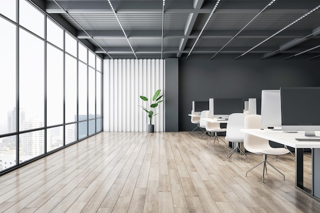 Side view on stylish workspace tables with modern computers in open space office with dark wall background slatted partition with green plant city view from window and wooden floor 3D rendering