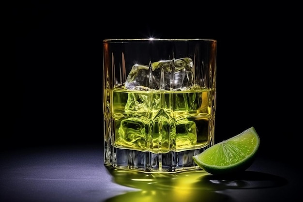 Side view tequila in a glass served with limes and salt