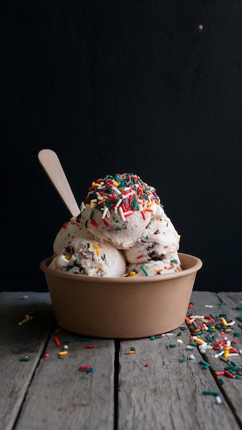 Side view of thai ice cream roll topped with colorful sprinkles in a cardboard bowl on black wall