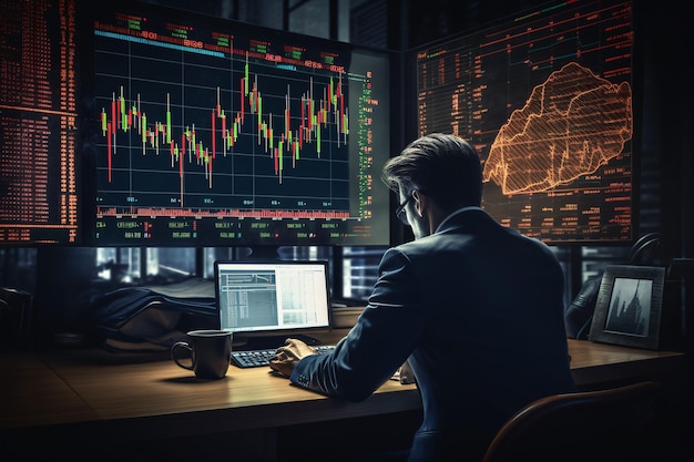 Side view of trader sitting at workplace and looking at computer monitor with stock market chart