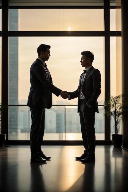 Side view of the two silhouette businessmen handshake in the office