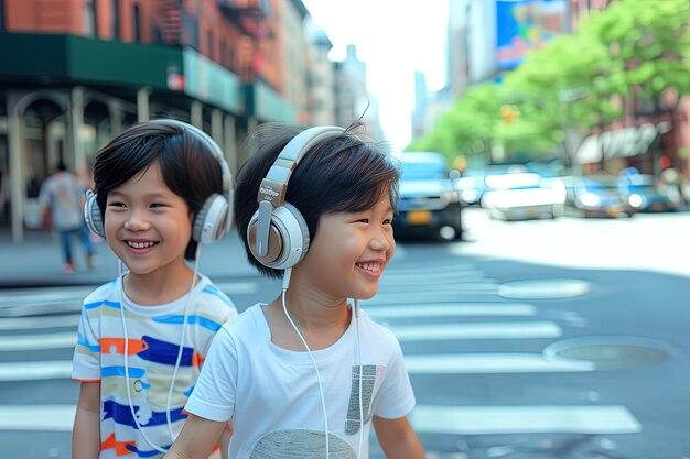 Side view of two smile young asian boys with headset walking in city street