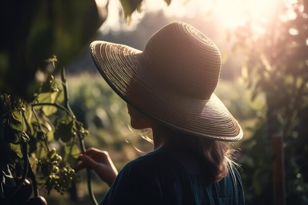 Side view of an unrecognizable young woman gardener in a straw hat in a garden outdoors on a sunny day closeup Generative AI