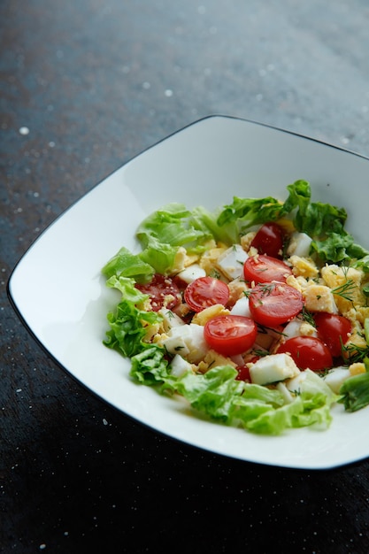 Side view of vegetable salad with tomato egg lettuce in plate on black background